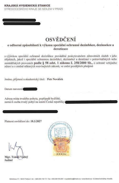 osvědčení o odborné způsobilosti k výkonu speciální dezinsekce, deratizace, dezinfekce